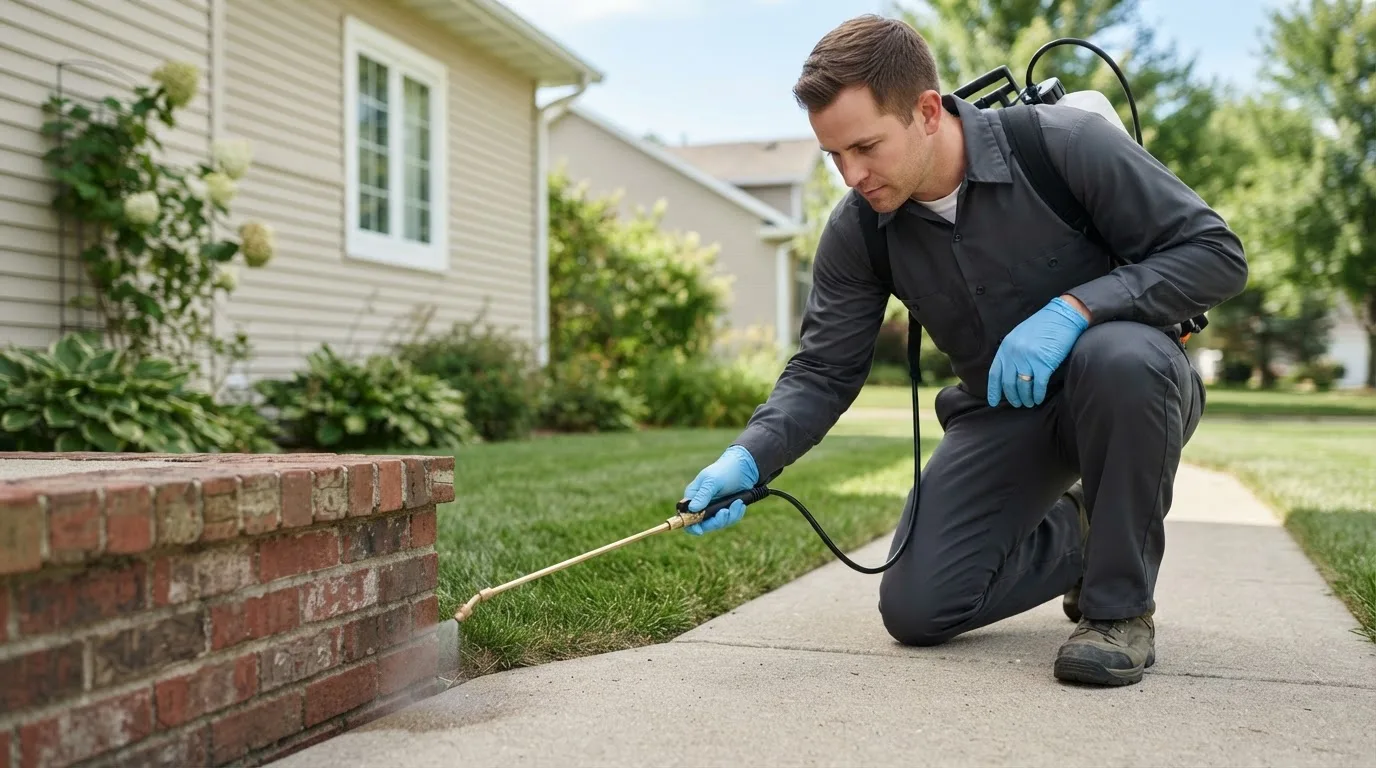 Pest control technician treating a home near Plainville, IL