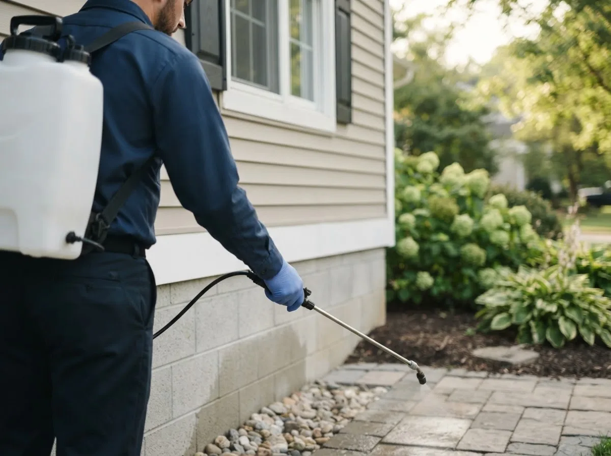 Pest control technician inspecting a home in Plainville, IL